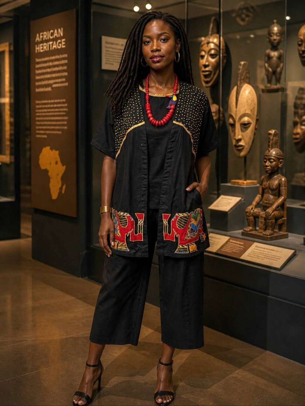 Black Wide-Leg Cropped Pants with African Print Panels